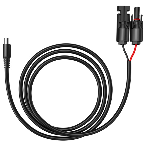 A black cable for emergency food storage, with a red plug attached to it.