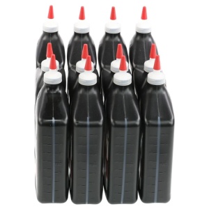Six bottles of black ink for emergency food storage on a white background.