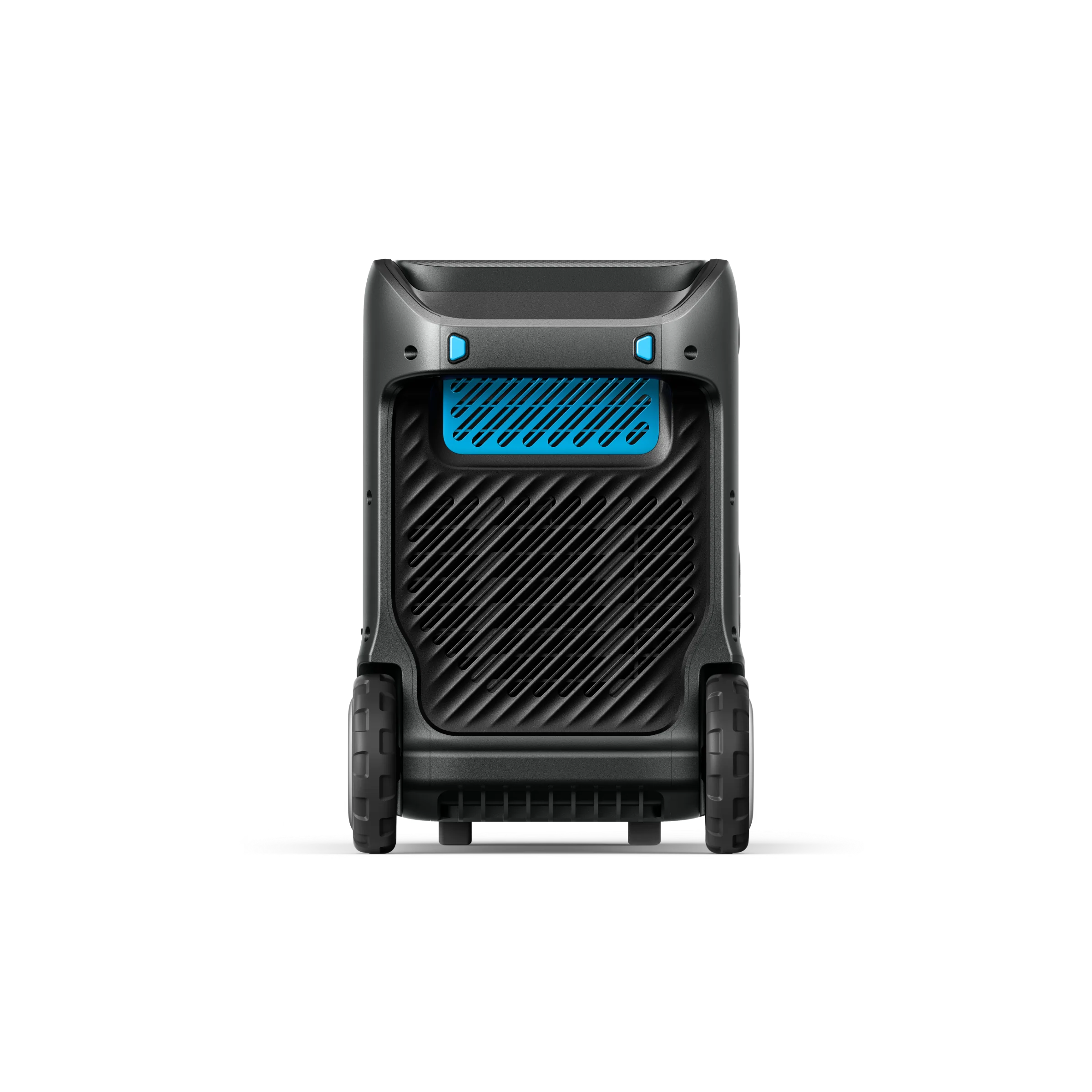 A portable air purifier on wheels for emergency food storage.