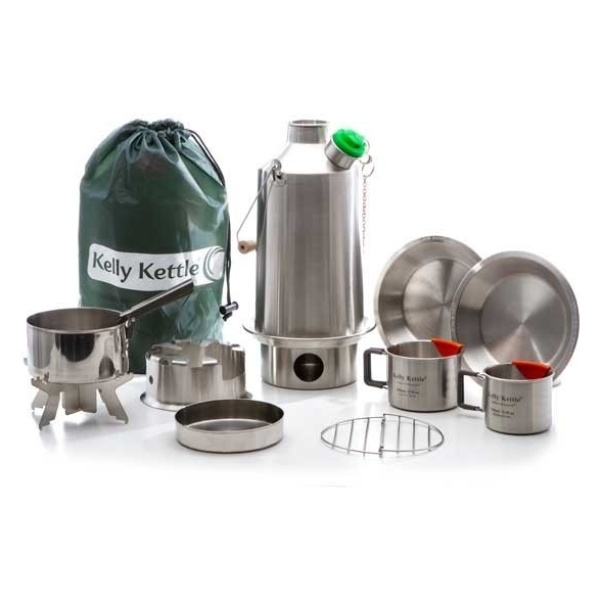 A camping set with pots, pans, utensils, and emergency food storage.