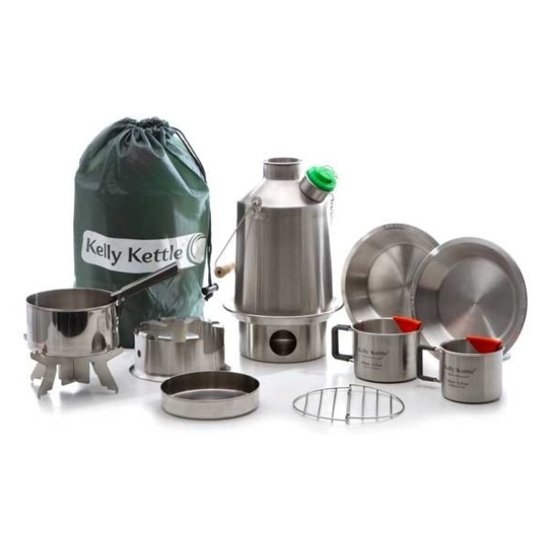 A camping set with pots, pans, and utensils for emergency food storage.