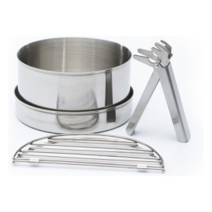 A set of stainless steel pots and utensils used for emergency food storage on a white background.