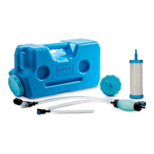 A blue container with a pump and hoses, ideal for emergency food storage.