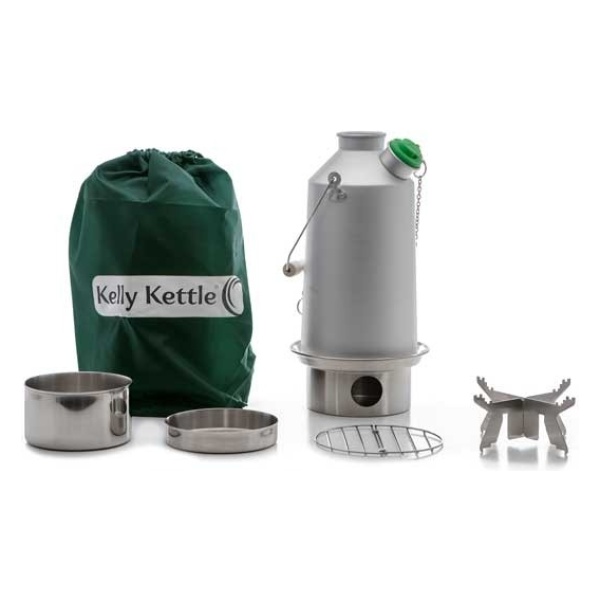A camping kit with emergency food storage, a kettle, pots and utensils.