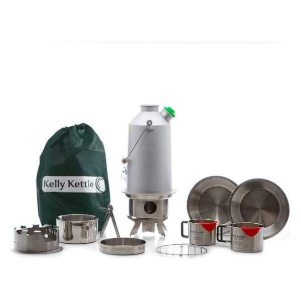 A camping kit with pots, pans, and an emergency food storage bag.
