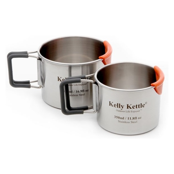 Two stainless steel mugs for emergency food storage, with handles on a white background.