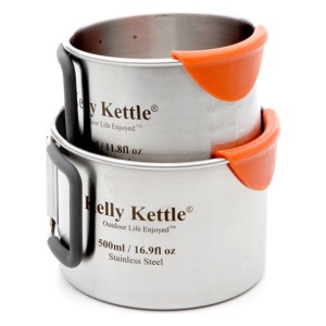 Two stainless steel kettles for emergency food storage stacked on top of each other.