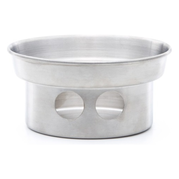 Stainless steel bowl with holes for emergency food storage on a white background.