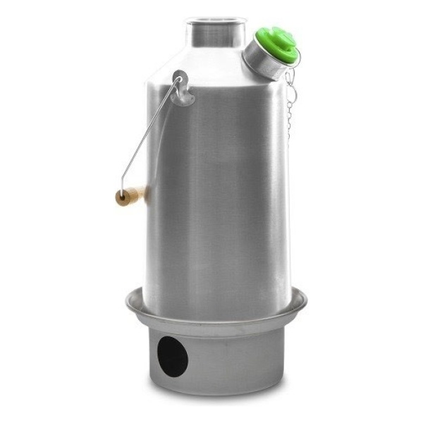 A stainless steel water jug with a green lid for emergency food storage.