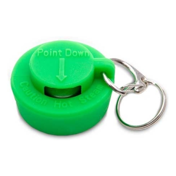 A green key ring with the word "emergency food storage" down on it.