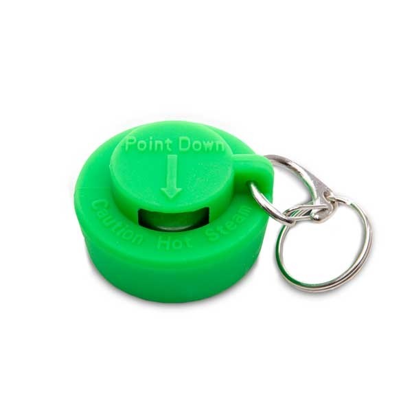 A green key ring with the word emergency food storage down on it.