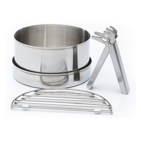A set of stainless steel pots and utensils for emergency food storage on a white background.
