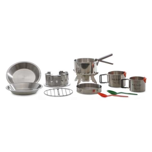 A set of stainless steel pots and pans for emergency food storage.
