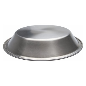 A stainless steel bowl for emergency food storage on a white background.