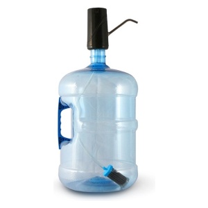 A blue water jug with a handle, perfect for emergency food storage.