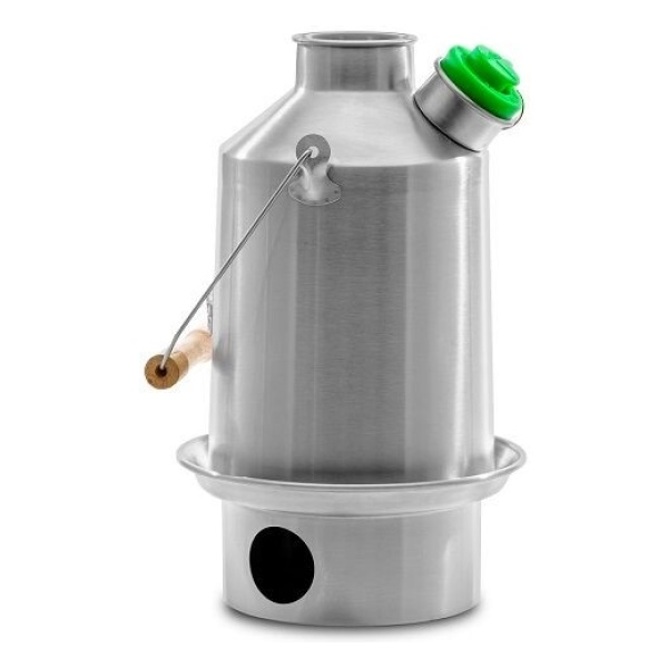 A stainless steel water can for emergency food storage, with a green handle.