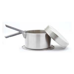 A stainless steel pot for emergency food storage.