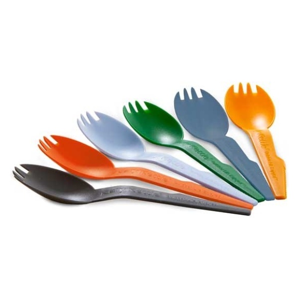 A set of plastic forks and spoons for emergency food storage on a white background.