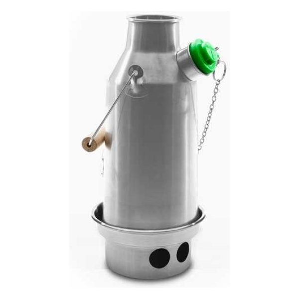 A stainless steel water bottle with a green handle, perfect for emergency food storage.