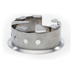 A stainless steel fire ring with holes suitable for emergency food storage.