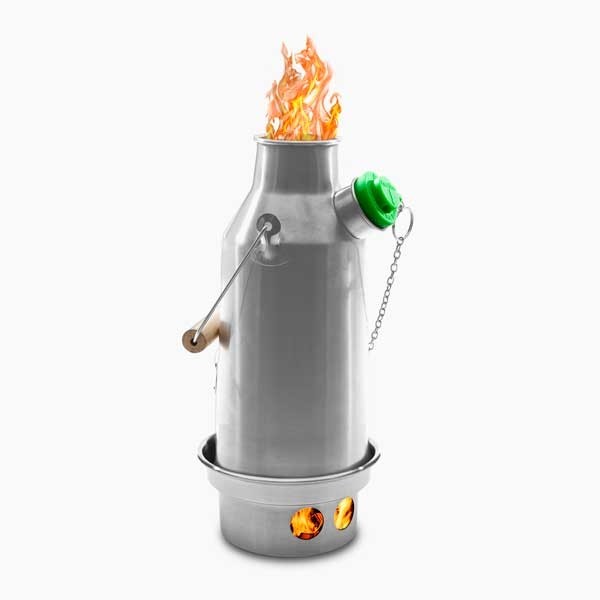 A stainless steel water jug with flame, perfect for emergency food storage.