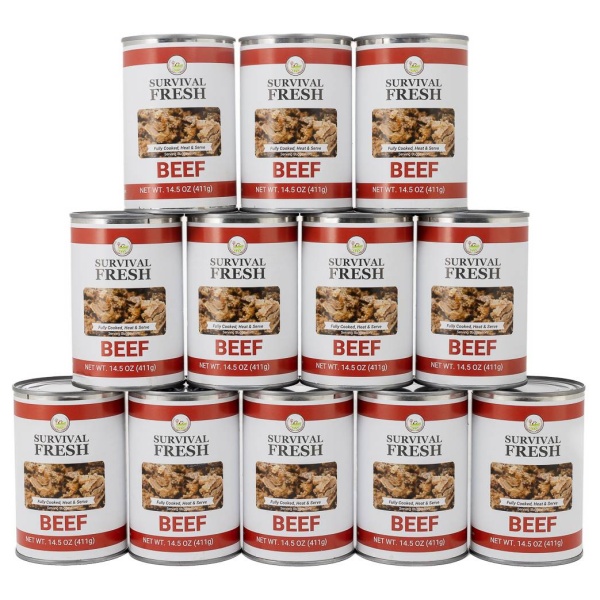 A stack of cans of beef in a white background, perfect for emergency food storage.