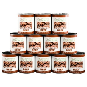 A stack of cans of beef for emergency food storage on a white background.