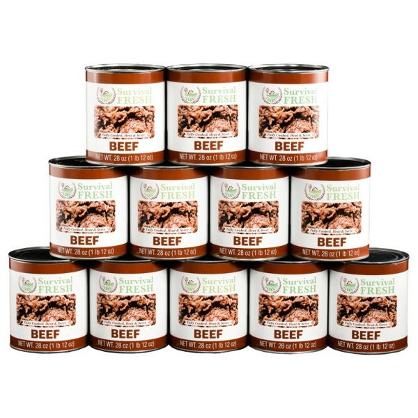 A stack of cans of beef for emergency food storage on a white background.