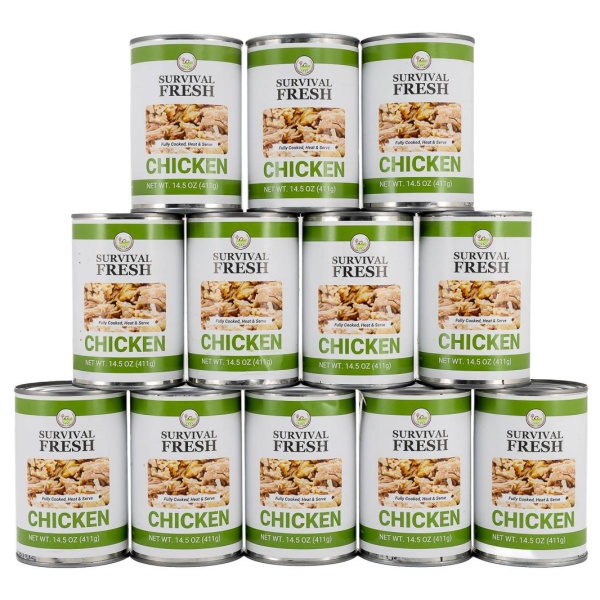 A stack of cans of emergency chicken food storage on a white background.