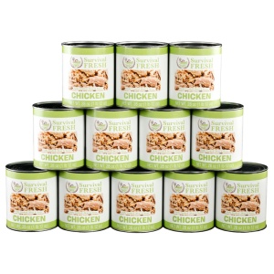 A stack of peanuts tins for emergency food storage on a white background.