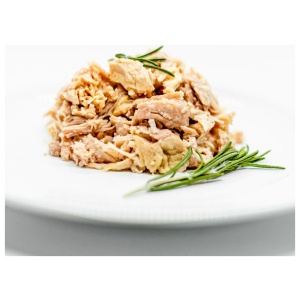 A plate with tuna and a sprig of rosemary for emergency food storage.