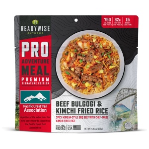 A package of emergency food storage including pro meal beef & kidney fried rice.