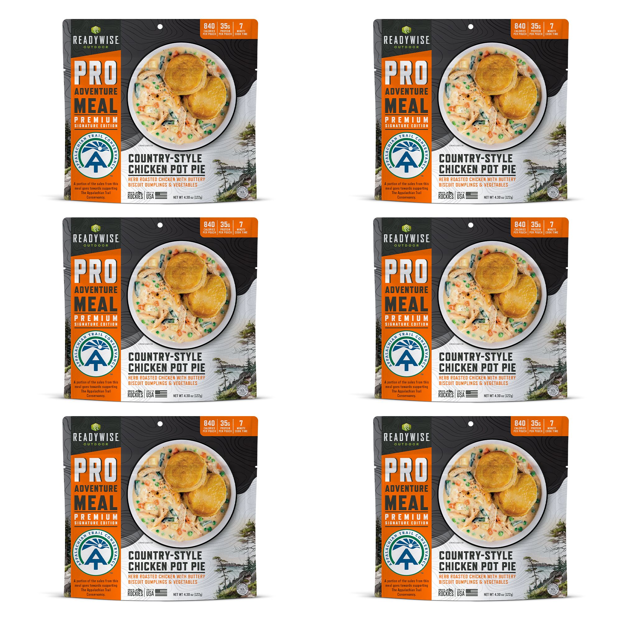 Six packets of emergency food storage pro-paleo chicken noodle soup on a white background.
