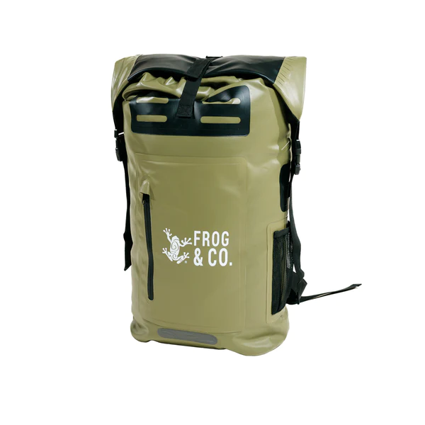 The Frog & Co. backpack is green and black.