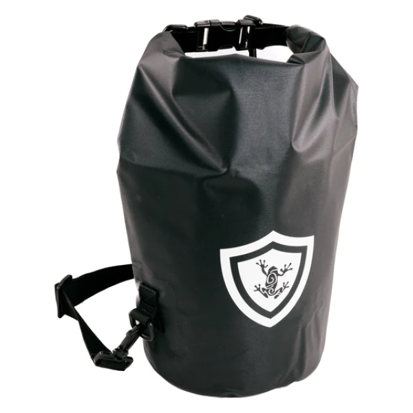 A black Faraday EMP Dry Bag with a crest on it.