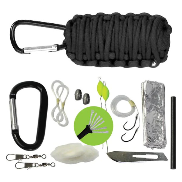 A black Frog & Co survival kit with a carabiner and other items.