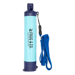 A blue water bottle with a blue strap, available for purchase on Frog & Co.