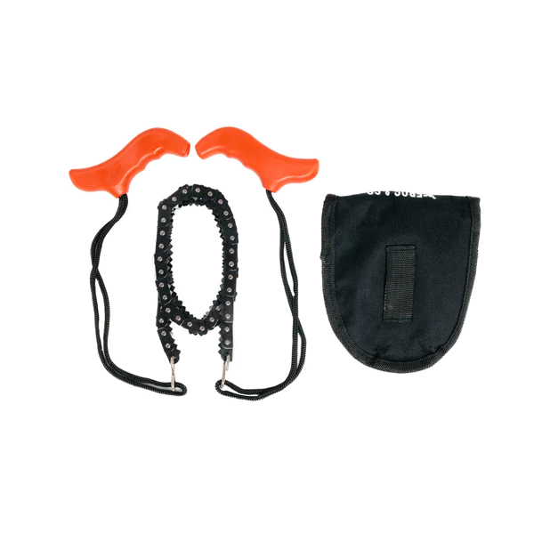 A pair of orange Frog & Co handcuffs and a bag on a white background.
