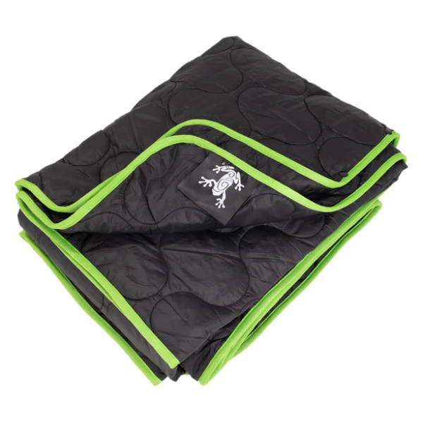 A black and green quilted blanket from Frog & Co. on top of a white background.