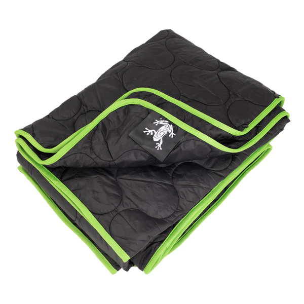 A black and green quilted blanket from Frog & Co. on top of a white background.