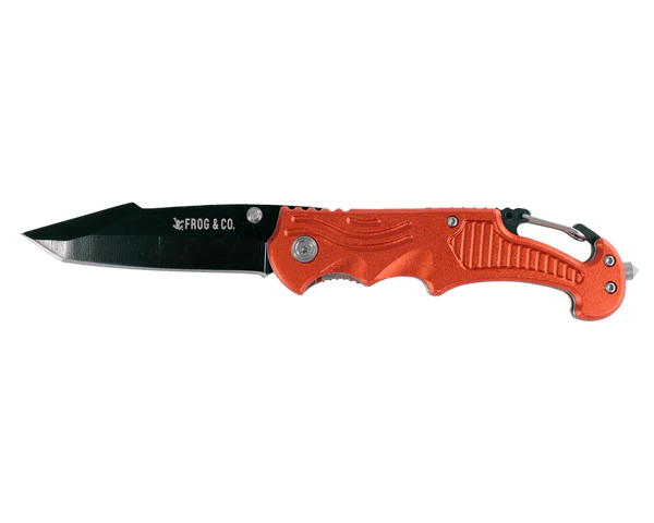A Red Survival Pocket Knife with an orange handle on a white background.