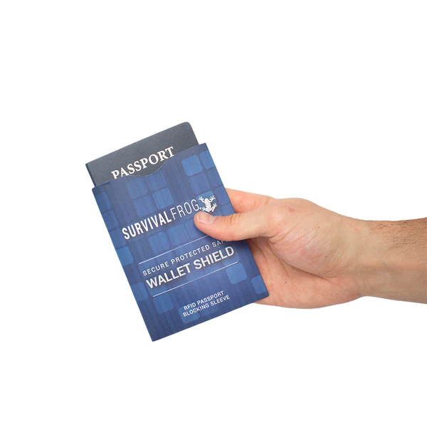 A person holding a SafeWallet with a passport card protected by William's shield.