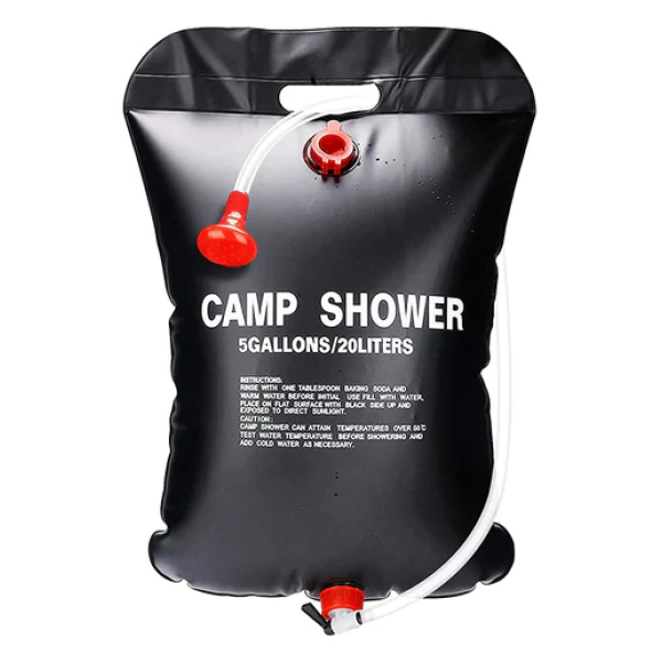 A black Solar Shower Bag with the words Frog & Co on it.