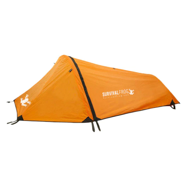 A Solo Bivy tent with an orange color and a black logo on it.