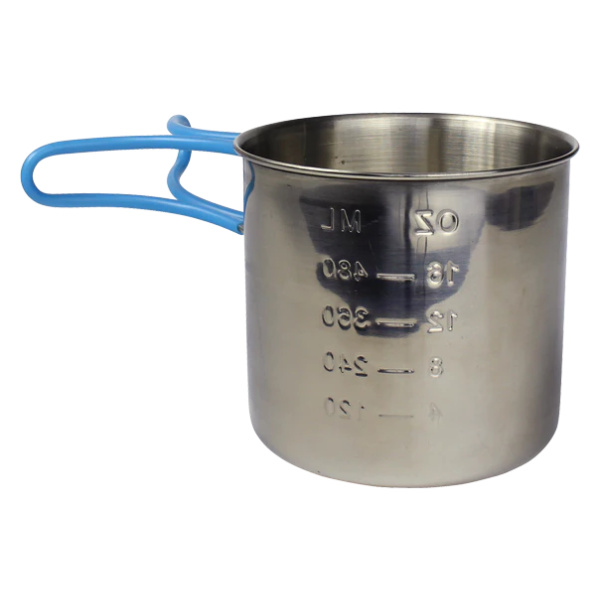 A Frog & Co. Stainless Steel Camping Cup with a blue handle.