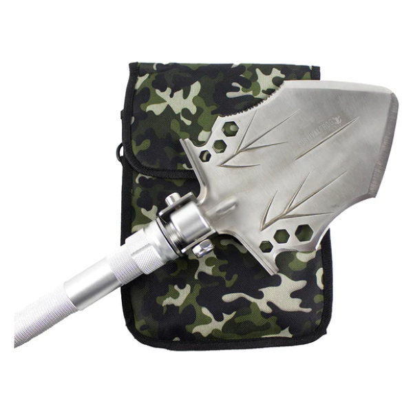 A metal axe with a camouflage bag, perfect for stealth enthusiasts.