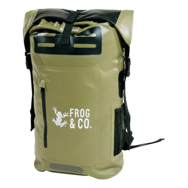 The Frog & Co. waterproof backpack is green and black.