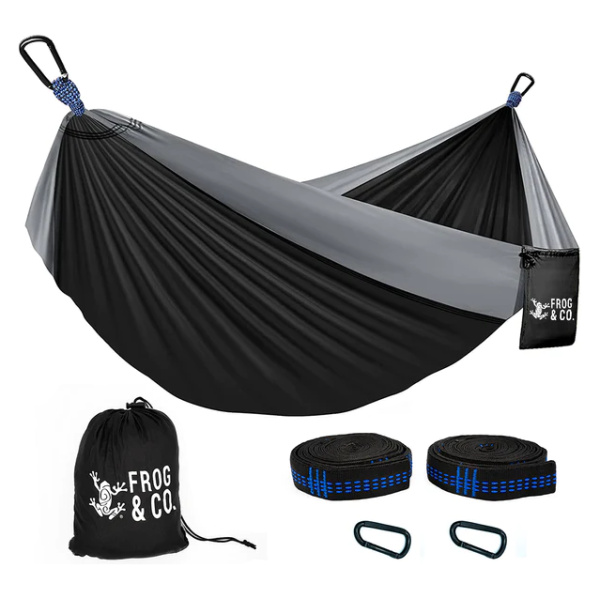 A Black Camping Hammock with Frog & Co. branding, including two straps and a carry bag, available for shipping in SHIPS IN 1-2 WEEKS.