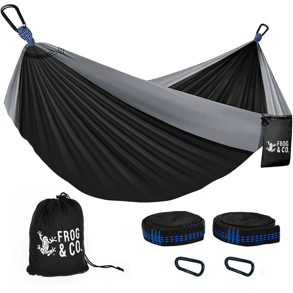 A Black Camping Hammock with Frog & Co. branding, including two straps and a carry bag, available for shipping in SHIPS IN 1-2 WEEKS.