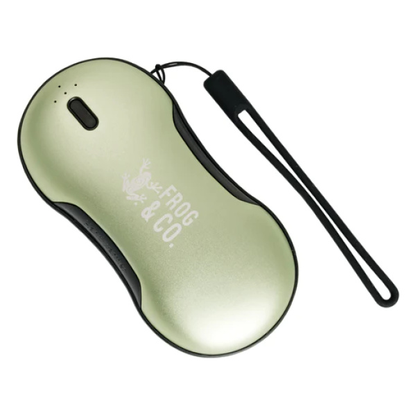 A green QuickHeat Rechargeable Hand Warmer Pro with a black cord attached to it.